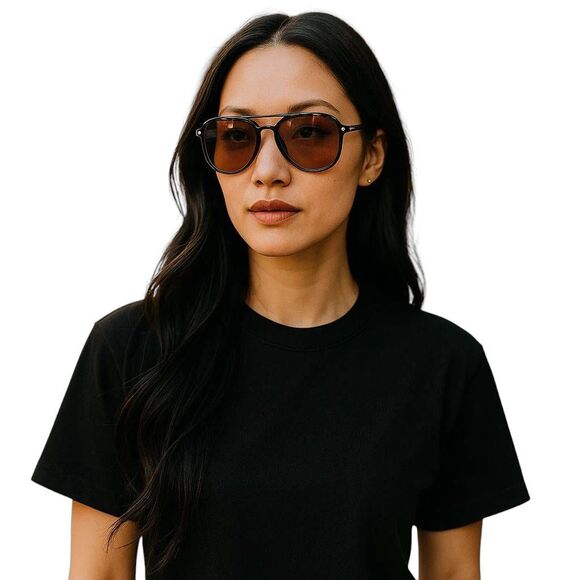 Black Aviator Sunglasses with Amber Lenses - Picture 2 of 12